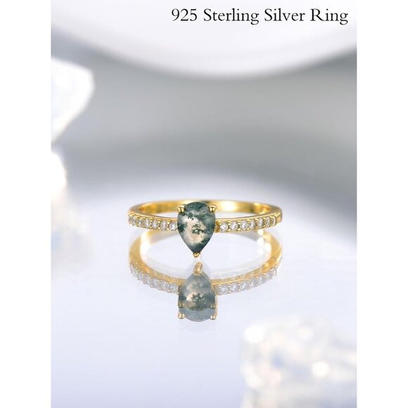 Natura Teardop Moss Agate Rings Gemstone Wedding Engagement Stackable Promise - Picture 3 of 6